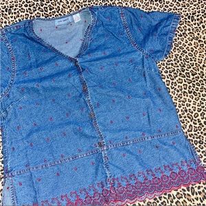 Vintage Jean Blouse Jane Ashley XL Scalloped Hem Embroidered Dark Wash Top Short